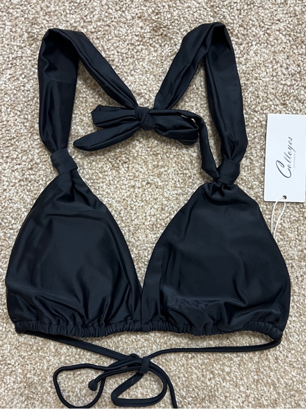 Colloyes Black Tie-Neck Triangle Bikini Top Size Small